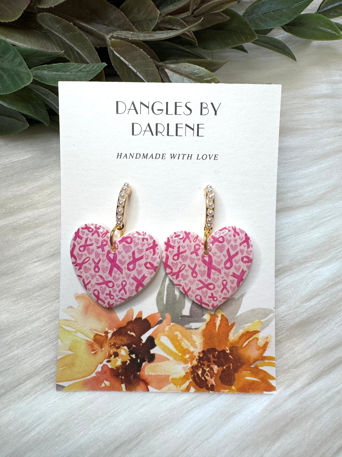 Pink Ribbon Heart Dangles